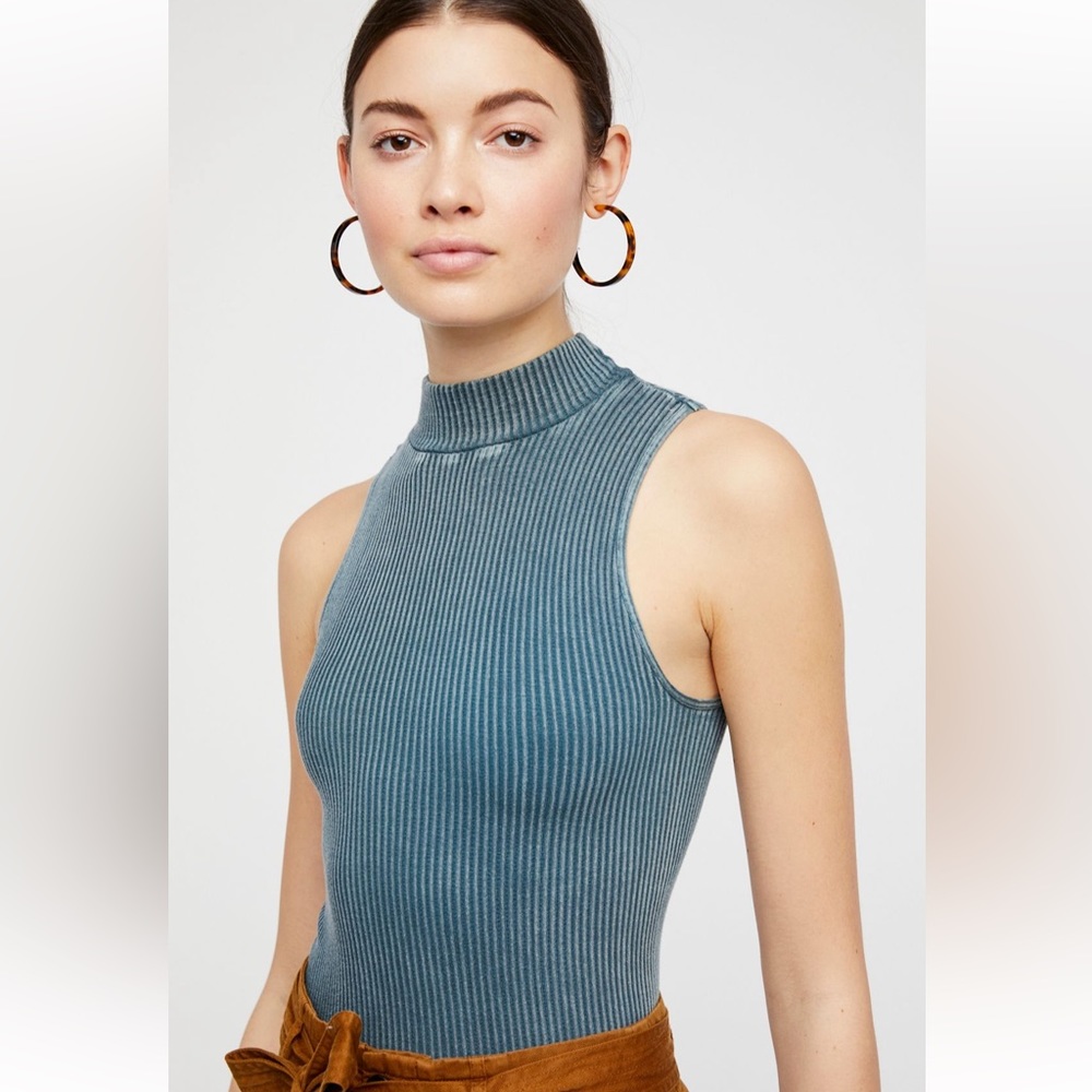 Free People No Looking Back Washed Chambray Sleeveless Mock Neck Top